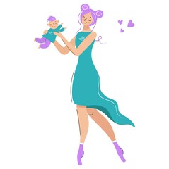 Cute loving mother and nice baby play, mom lift her baby in the air, isolated cartoon vector illustration, mother's day scene.Happy family in flat style. Design for advertising banner postcard.