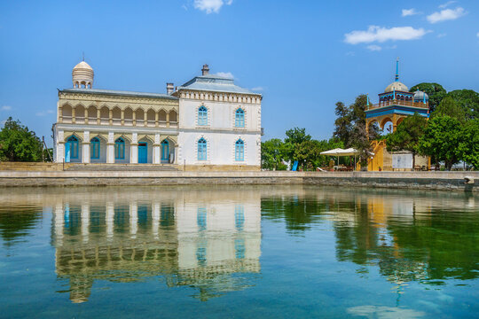 Buildings of the former emir's summer residence Sitorai Mohi Xosa in Bukhara, Uzbekistan. Left side: harem building, right: summer pavilion