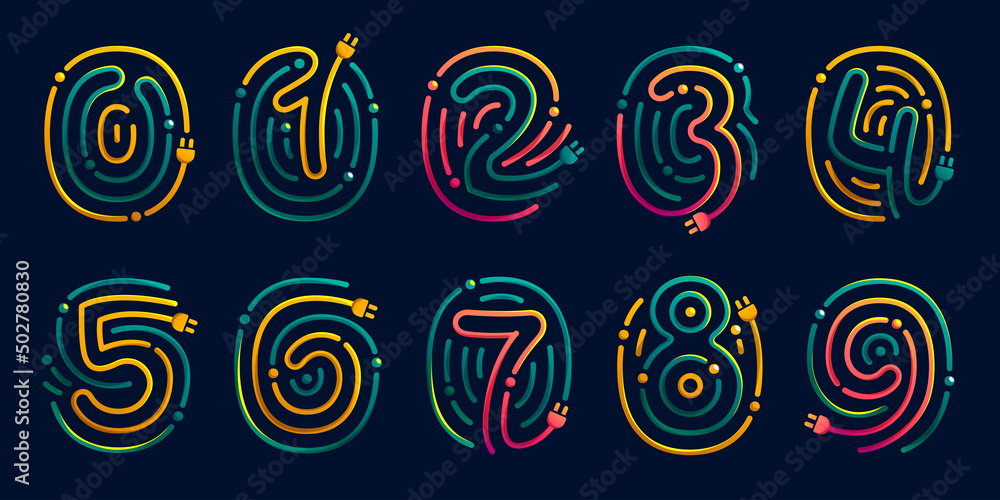 Wall mural numbers set made of fingerprint with plug. colorful cable icons with vivid gradients and lines.