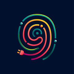 Number nine logo made of fingerprint with plug. Colorful cable icon with vivid gradients and lines.