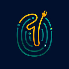 Number one logo made of fingerprint with plug. Colorful cable icon with vivid gradients and lines.