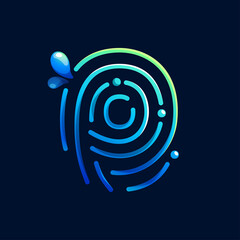 P letter logo made of fingerprint with pure water waves and drops. Blue gradient line icon.