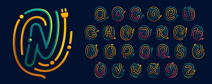 Alphabet made of fingerprint with plug. Colorful cable icons with vivid gradients and lines.