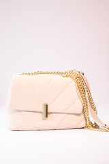 fashion photo of purse. beige woman handbag isolated on white background. Product composition photography