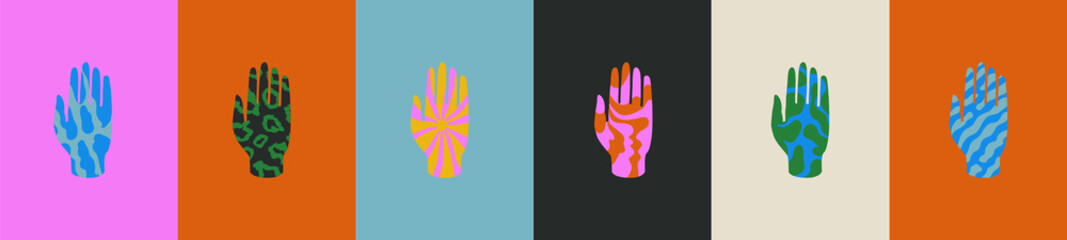 Naklejka na ściany i meble Various hands with colorful liquid patterns. Hand-drawn cartoon shapes in retro trendy style. Comic, hippie vector illustration like in 80's and 90's. Sun, earth, water, plant, cloud abstract ornament