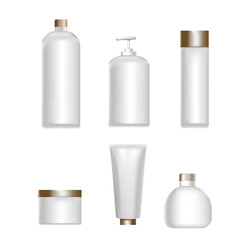 A set of white plastic bottles for sanitary and cosmetic products. for mock ups. realistic vector illustration