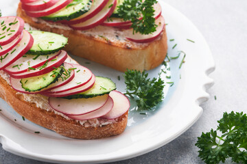 Toast with cheese and radish. Sandwiches with cottage cheese, radish, cucumber and green onions on gray concrete background. Healthy spring sandwiches. Traditional Scandinavian toast. Top view.