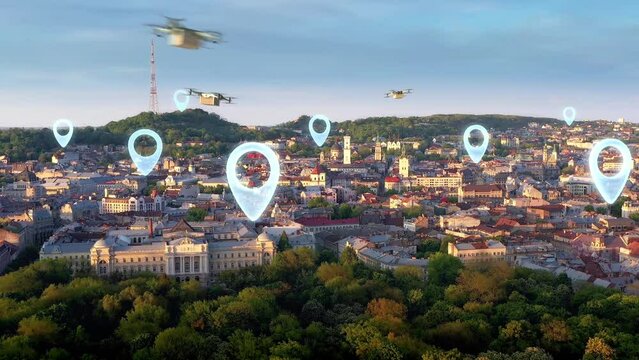 Drones parcel delivery service. Many multicopters flying big packages into city. Drone delivering post package to your home. 3d rendering delivery drone flying with cityscape background