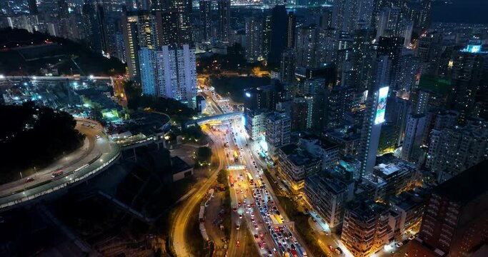 Top down view of Hong Kong city life at night