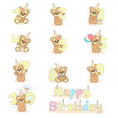 Teddy bear set with numbers from one to ten, baby birthday card on white isolated background,cute cartoon character and text, textile print, packaging, party invitation vector illustration