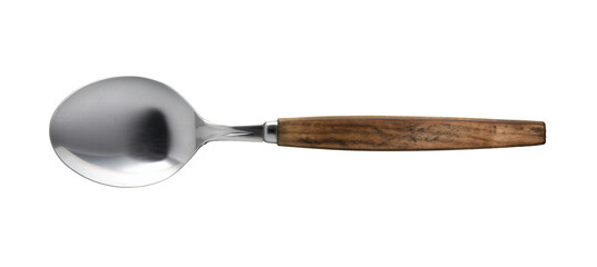 Top views Stainless steel spoon with wooden handle vintage style isolated on white background,  clipping path.