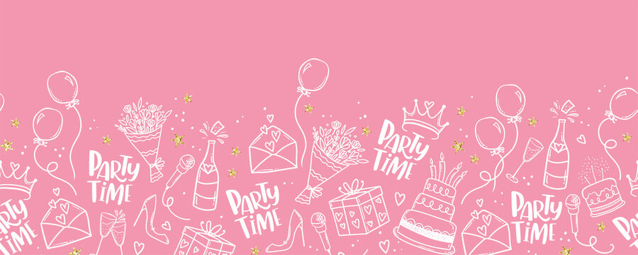 Fun hand drawn party seamless background with cakes, gift boxes, balloons and party decoration. Great for birthday parties, textiles, banners, wallpapers, wrapping - vector design