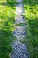 Obraz premium Path made of small stones, a well-groomed lawn with fresh green grass on the sides, in the rays of the spring sun.