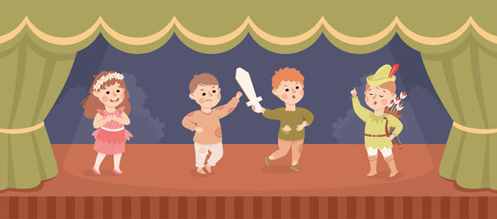 Children in Theater Play Wearing Costumes Performing on Stage Vector Illustration