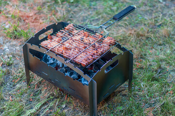 The atmosphere of a country house and outdoor recreation. BBQ season. Roasting meat on coals in the backyard. Lattice with meat on the grill.