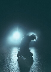 man so sad stand on ground alone while going rain in the dark night with lighting lamp of car © JamesK