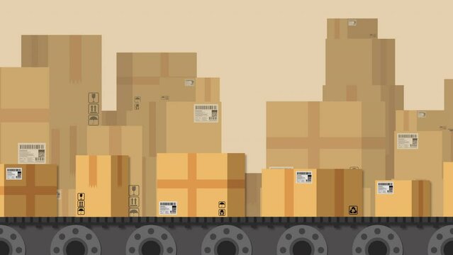 Animation of package boxes or cardboard boxes moving on conveyor belts in the warehouse. Shipping and Delivery concept.