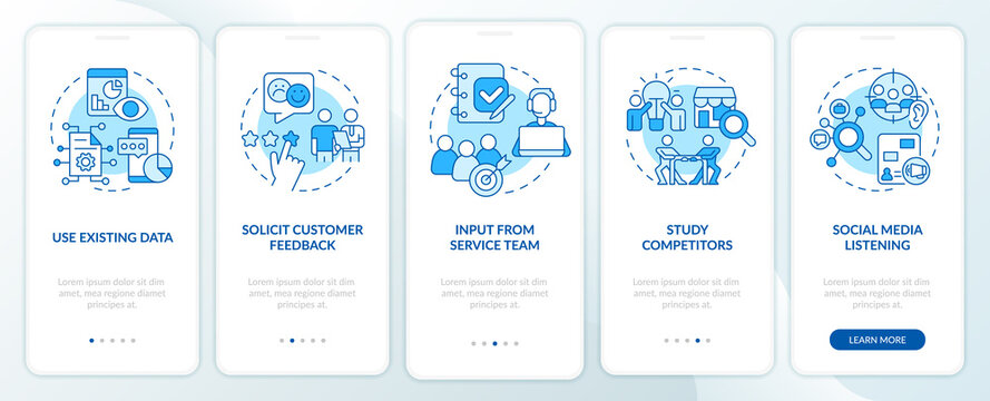 Identifying customer needs blue onboarding mobile app screen. Walkthrough 5 steps graphic instructions pages with linear concepts. UI, UX, GUI template. Myriad Pro-Bold, Regular fonts used