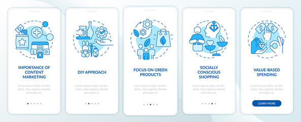 Customer behavior tendencies blue onboarding mobile app screen. Walkthrough 5 steps graphic instructions pages with linear concepts. UI, UX, GUI template. Myriad Pro-Bold, Regular fonts used