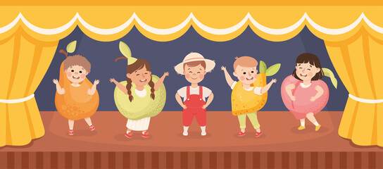 Obraz na płótnie Canvas Children in Theater Play Wearing Costumes Performing on Stage Vector Illustration