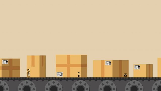 Animation of package boxes or cardboard boxes moving on conveyor belts in the warehouse. Shipping and Delivery concept.
