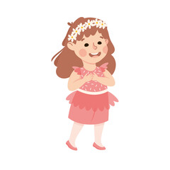 Little Girl in Pink Dress in Theater Play Wearing Costume Performing on Stage Vector Illustration