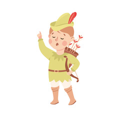 Little Boy in Theater Play Wearing Green Robin Hood Costume Performing on Stage Vector Illustration