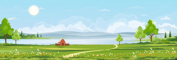 Spring landscape at village by the lake with green fields,mountain, blue sky and clouds, Vector nature cartoon scenery Summertime,Panoramic rural countryside by river with clear sky in morning © Anchalee