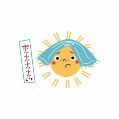Sun with towel and thermometer. Extreme hot weather concept.