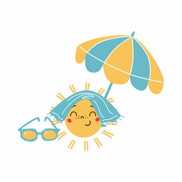 Happy sun character chilling under beach umbrella.