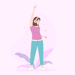 Woman with headphones listening to music and dancing, vector illustration