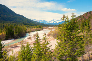 riparian zone Obere Isar river, wild landscape upper bavaria, wetterstein mountains view