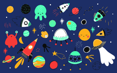 set with space elements, spaceship, moon, planet, stars, vector clipart