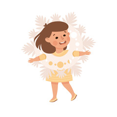 Little Girl in Theater Play Wearing Snowflake Costume Performing on Stage Vector Illustration