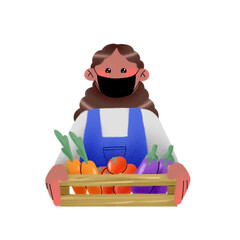 Girl in a mask with a box of fresh vegetables in her hands, delivery of fresh vegetables