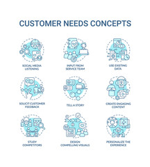 Customers needs turquoise concept icons set. Market analysis. Social media idea thin line color illustrations. Isolated symbols. Editable stroke. Roboto-Medium, Myriad Pro-Bold fonts used