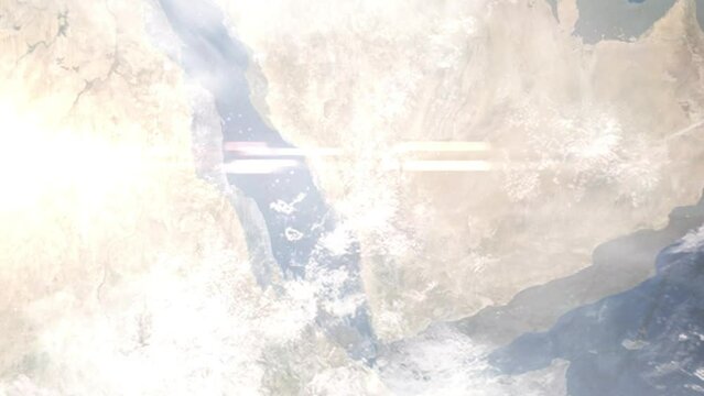 Earth zoom in from outer space to city. Zooming on Abha, Saudi Arabia. The animation continues by zoom out through clouds and atmosphere into space. Images from NASA