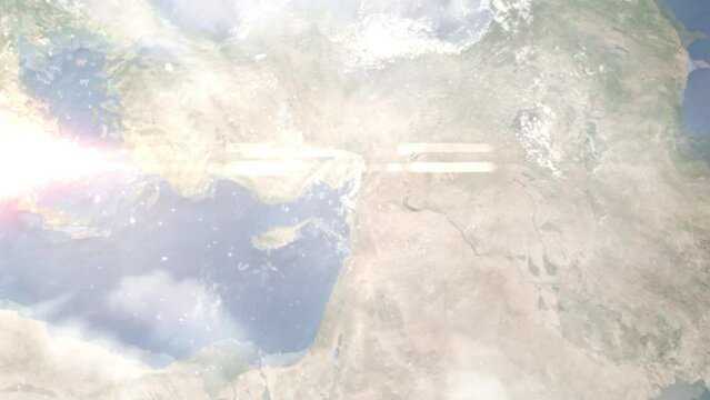 Earth zoom in from outer space to city. Zooming on Antakya, Hatay, Turkey. The animation continues by zoom out through clouds and atmosphere into space. Images from NASA
