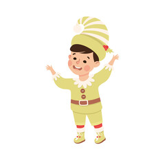 Little Boy in Theater Play Wearing Green Elf Costume Performing on Stage Vector Illustration