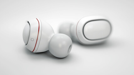 3d rendering of white wireless earphones. True wireless stereo earphones.