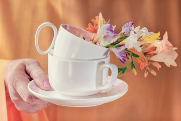 A woman holds a cup of  spring flowers, close up, macro photography