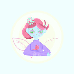 Vector colorful girl with cat pet located on summer or spring background. Young female or kid hugging kitten and decorated by flower, leaves and berries on bright sunny day