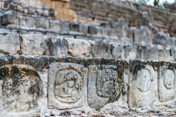 Hieroglyphic staircase at the base of the central stairway of ancient mayan Temple of Five Stories, Edzna archaeological site, Campeche, Mexico