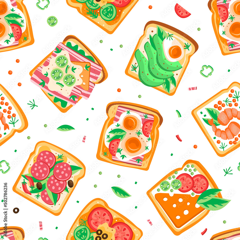 Poster tasty toast with wurst, sliced bacon and egg on top of it vector seamless pattern