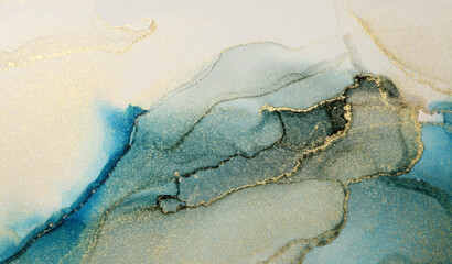 Art Abstract smoke blue and gold glitter watercolor and alcohol inkhorizontal background. Marble texture.