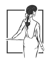 Vector fashion illustration of a girl in a dress with an open back. Fashion lifestyle poster.