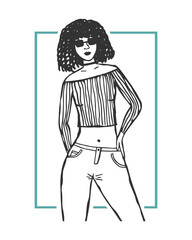 Vector fashion illustration of a girl in a trendy short T-shirt and jeans. Casual fashion.