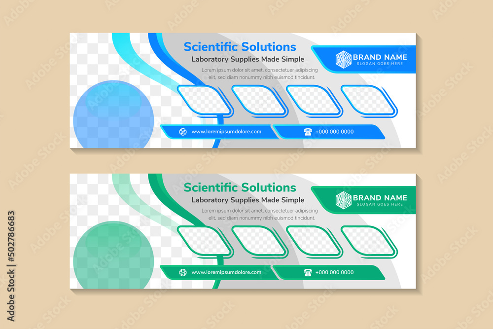 Aufkleber banner template design with example headline is scientific solutions. curve for space of photo colla