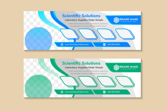 banner template design with example headline is Scientific Solutions. Curve for space of photo collage. Advertising banner with horizontal layout. blue and green element and white background.