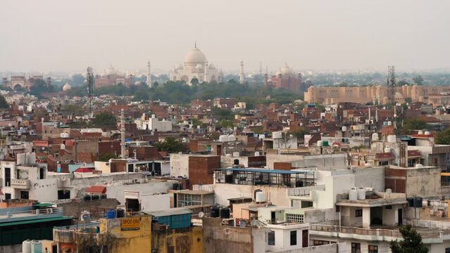 NEW DEHLI, INDIA 01 MARCH 2020: Panorama of Agra city, India. Taj Mahal in the background
